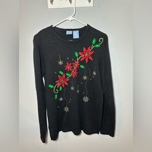 Vintage Christmas Sweater Holly Poinsettias Snowflakes Sz S Embellished Black